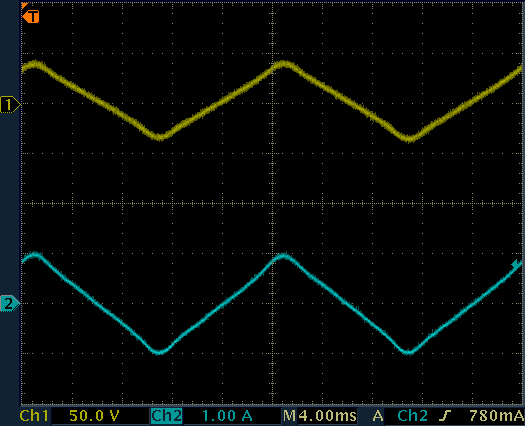 Lamp voltage and current while heating (the starter shorted), measured across both filaments in series.