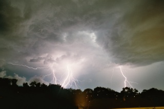 Long exposure with several lightning strikes.