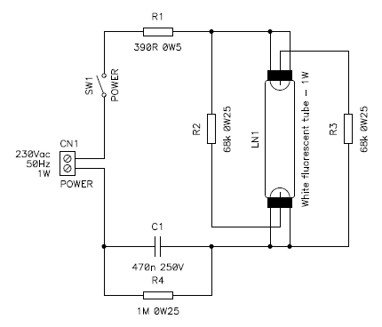 Circuit diagram of this white tube night light with its ballast and starting circuit.