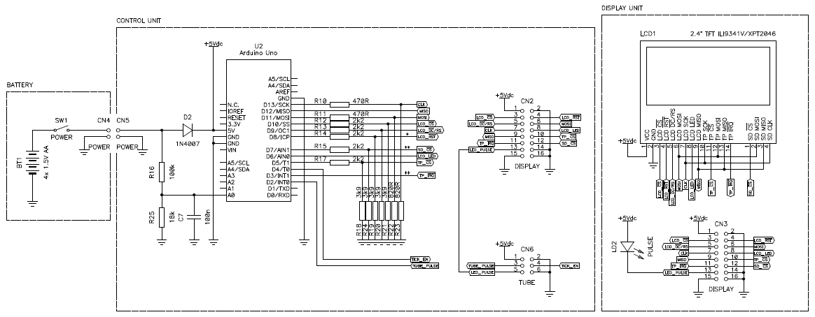 Circuit diagram of the microcontroller unit with the Arduino Uno and the TFT display. (click to enlarge)