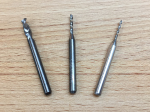 My favorite carbide drill bits: Ø3.2, Ø1.5 and Ø1.0 mm. (click to enlarge)