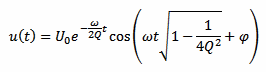 u(t) = U_0 * e ^ (-omega * t / (2 * Q)) * cos(omega * t * sqrt(1 - (1 / (4 * Q^2))) + phi)