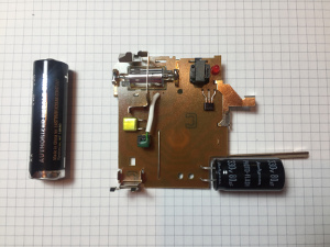 Picture of a disposable camera, where a suitable transformer can be found, PCB top side (click to enlarge)