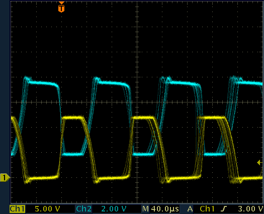 Waveforms on the high voltage generator. CH1: transformer pin 4, CH2: transformer pin 2. Output loaded with a 2.2MΩ resistor to ground.