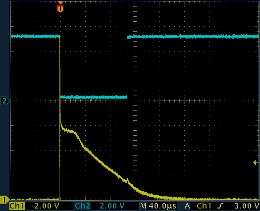 Waveforms on the pulse amplifier. CH1: Geiger tube cathode, CH2: Arduino pin D2.