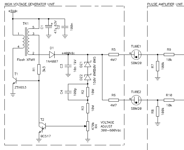 Circuit diagram of the high voltage generator unit, also showing the two Geiger tubes and the input section of the pulse amplifier unit (described later)