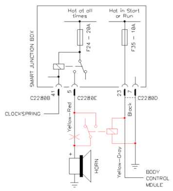 Circuit diagram of the modification to mute the horn when the ignition is turned off. (click to enlarge)