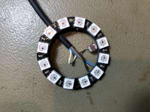 The LED ring temporarily wired during the development phase. (click to enlarge)